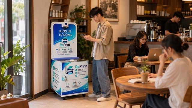 robot kiosk RoPrint tại quán cafe